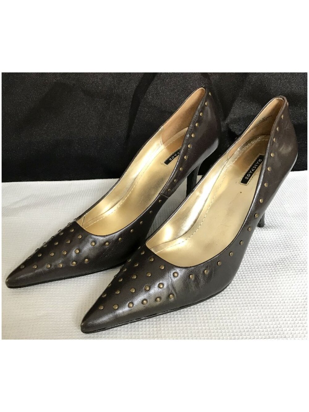Rampage Dark Brown Pointed Leather Heel Pumps w/ Brass Color Studs, 8M